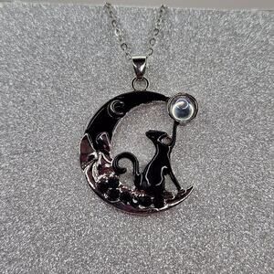 Black Cat on Crescent Moon Pendant Necklace with Moonstone Accent